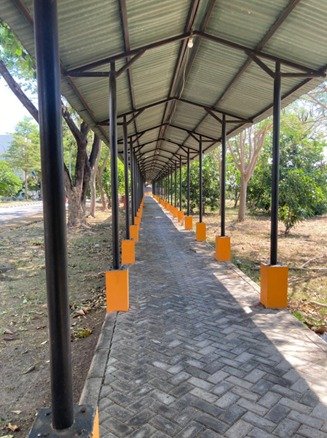 Pedestrians with a canopy